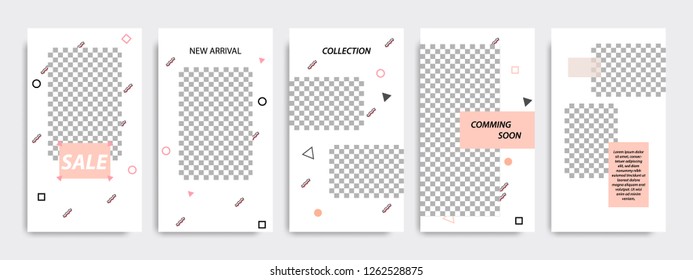 Memphis style pattern in peach color with white background. Template for  social media stories, story, business banner, flyer, brochure.