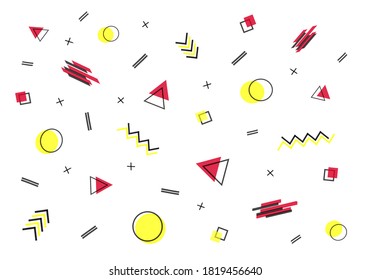 Memphis style pattern seamless yellow, red and black color icons design. Abstract vector geometric figures set simple backdrop. Minimalist seamless memphis pattern for cover, wallpaper or banner