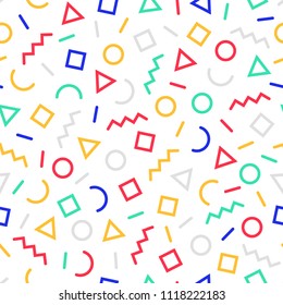 Memphis style pattern from simple geometric forms and simple colors.