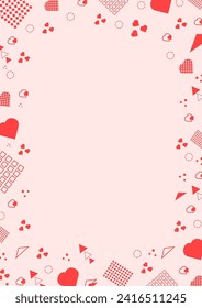  Memphis style in pink color. Memphis style border sheet with geometric shapes and color hearts. Design of pages for text. Template. Banner