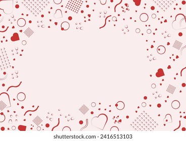 Memphis style in pink color. Memphis style border sheet with geometric shapes and color hearts. Design of pages for text. Template. Banner