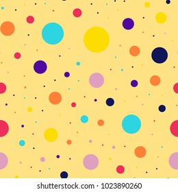 Memphis style polka dots seamless pattern on yellow background.