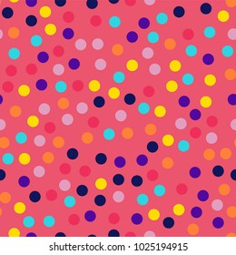Memphis style polka dots seamless pattern on pink background.