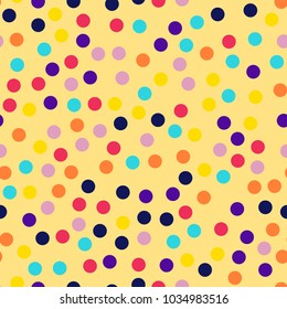 Memphis style polka dots seamless pattern on yellow background.
