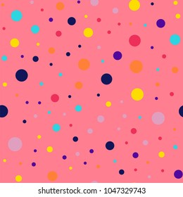 Memphis style polka dots seamless pattern on coral background.