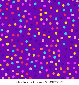 Memphis style polka dots seamless pattern on purple background.