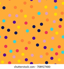 Memphis style polka dots seamless pattern on orange background.