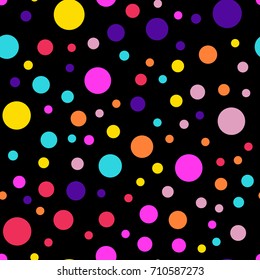 Memphis style polka dots seamless pattern on black background.