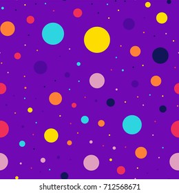 Memphis style polka dots seamless pattern on purple background.