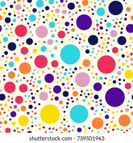 Memphis style polka dots seamless pattern on milk background.