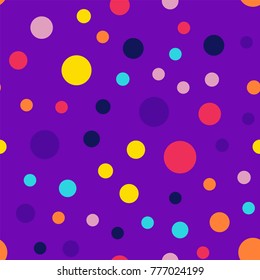 Memphis style polka dots seamless pattern on purple background.