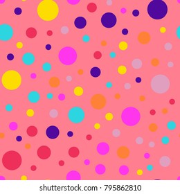 Memphis style polka dots seamless pattern on coral background.