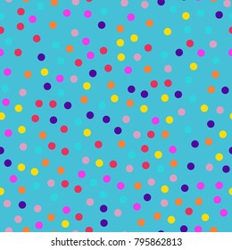 Memphis style polka dots seamless pattern on blue background.