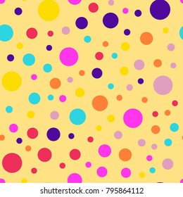 Memphis style polka dots seamless pattern on yellow background.