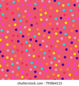 Memphis style polka dots seamless pattern on pink background.