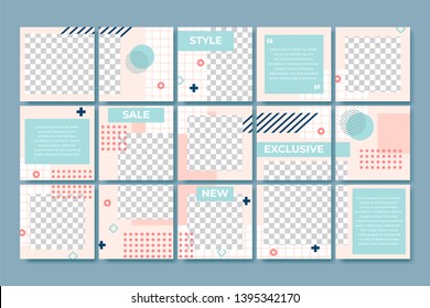 Memphis Style Post Template. Social Media Posts Branding, 80s Fashion Minimal Grid And Trendy Abstract Puzzle Layout Vector Set