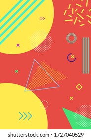 Memphis Style Poster Background Covers. Fluid Color Backgrounds with Futuristic 3D Elements. Flat style Abstract Vector Design ideal for Banner, Web, Promotion, Ad, Placard and Billboard.