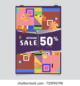 Autumn sale memphis style poster. Fashion and travel discount banner. Vector holiday Abstract colorful illustration with special offer and promotion.