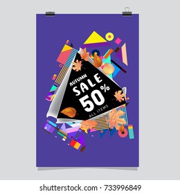 Autumn sale memphis style poster. Fashion and travel discount banner. Vector holiday Abstract colorful illustration with special offer and promotion.