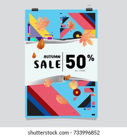 Autumn sale memphis style poster. Fashion and travel discount banner. Vector holiday Abstract colorful illustration with special offer and promotion.