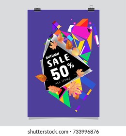 Autumn sale memphis style poster. Fashion and travel discount banner. Vector holiday Abstract colorful illustration with special offer and promotion.