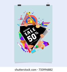 Autumn sale memphis style poster. Fashion and travel discount banner. Vector holiday Abstract colorful illustration with special offer and promotion.