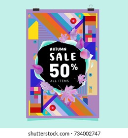 Autumn sale memphis style poster. Fashion and travel discount banner. Vector holiday Abstract colorful illustration with special offer and promotion.