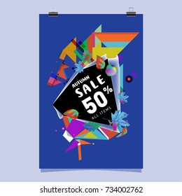 Autumn sale memphis style poster. Fashion and travel discount banner. Vector holiday Abstract colorful illustration with special offer and promotion.