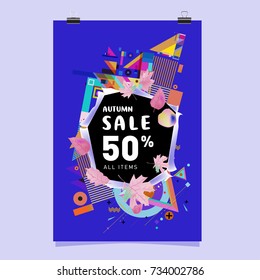 Autumn sale memphis style poster. Fashion and travel discount banner. Vector holiday Abstract colorful illustration with special offer and promotion.