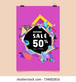 Autumn sale memphis style poster. Fashion and travel discount banner. Vector holiday Abstract colorful illustration with special offer and promotion.