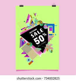 Autumn sale memphis style poster. Fashion and travel discount banner. Vector holiday Abstract colorful illustration with special offer and promotion.