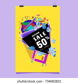 Autumn sale memphis style poster. Fashion and travel discount banner. Vector holiday Abstract colorful illustration with special offer and promotion.