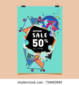 Autumn sale memphis style poster. Fashion and travel discount banner. Vector holiday Abstract colorful illustration with special offer and promotion.