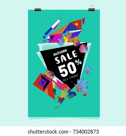 Autumn sale memphis style poster. Fashion and travel discount banner. Vector holiday Abstract colorful illustration with special offer and promotion.