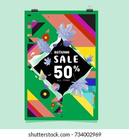 Autumn sale memphis style poster. Fashion and travel discount banner. Vector holiday Abstract colorful illustration with special offer and promotion.