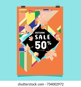 Autumn sale memphis style poster. Fashion and travel discount banner. Vector holiday Abstract colorful illustration with special offer and promotion.