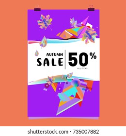 Autumn sale memphis style poster. Fashion and travel discount banner. Vector holiday Abstract colorful illustration with special offer and promotion.