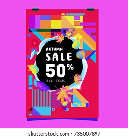 Autumn sale memphis style poster. Fashion and travel discount banner. Vector holiday Abstract colorful illustration with special offer and promotion.