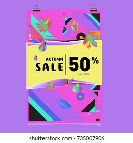 Autumn sale memphis style poster. Fashion and travel discount banner. Vector holiday Abstract colorful illustration with special offer and promotion.