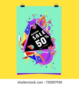 Autumn sale memphis style poster. Fashion and travel discount banner. Vector holiday Abstract colorful illustration with special offer and promotion.