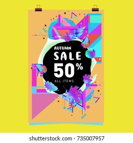 Autumn sale memphis style poster. Fashion and travel discount banner. Vector holiday Abstract colorful illustration with special offer and promotion.