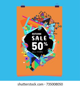 Autumn sale memphis style poster. Fashion and travel discount banner. Vector holiday Abstract colorful illustration with special offer and promotion.