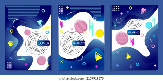 memphis style poster set. blue and white abstract background. used for book covers, web, banners and flyers