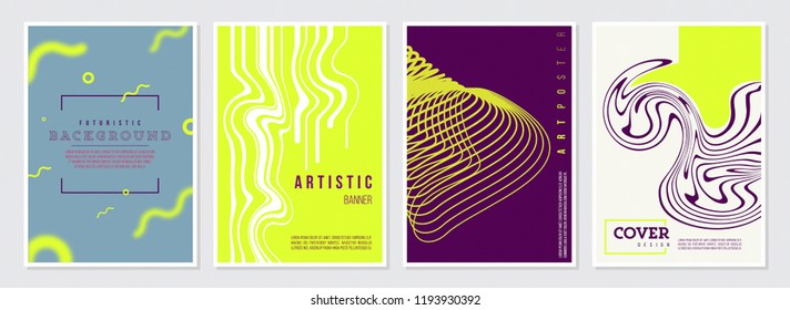 Memphis Style Poster Set. Bright Color Background with Futuristic 3D Elements. Flat style Abstract Vector Design ideal for Banner, Web, Promotion, Ad, Placard and Billboard