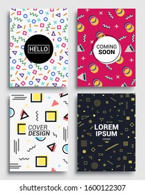 Memphis Style Poster Set, Memphis cover A4 size, geometric shapes patterns. Flat style Abstract Vector Design for Banner, cover, Web, Promotion, Placard and Billboard.