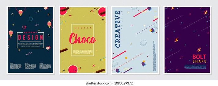 Memphis Style Poster Set. Fluid Color Backgrounds with Futuristic 3D Elements. Flat style Abstract Vector Design great for Banner, Web, Promotion, Ad, Placard and Billboard