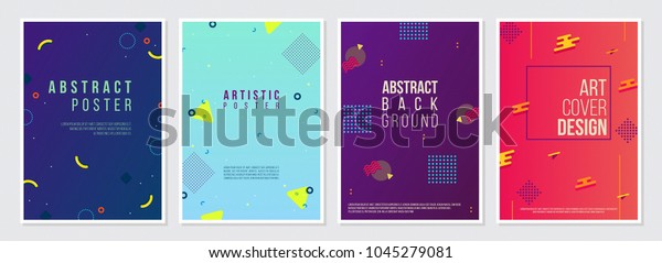 Memphis Style Poster\
Set. Fluid Color Backgrounds with Futuristic 3D Elements. Flat\
style Abstract Vector Design ideal for Banner, Web, Promotion, Ad,\
Placard and Billboard