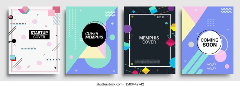 Memphis Style Poster Set. Halftone and geometric shapes patterns. Flat style Abstract Vector Design ideal for Banner, Web, Promotion, Placard and Billboard.