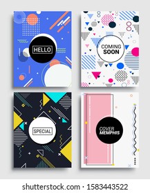Memphis Style Poster Set. Halftone and geometric shapes patterns. Flat style Abstract Vector Design ideal for Banner, Web, Promotion, Placard and Billboard.