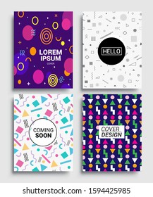 Memphis Style Poster Set. Halftone and geometric shapes patterns. Flat style Abstract Vector Design 